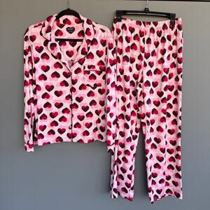 Kate Spade knit heart print pajamas - valentines day - pink - red- EUC - size XL